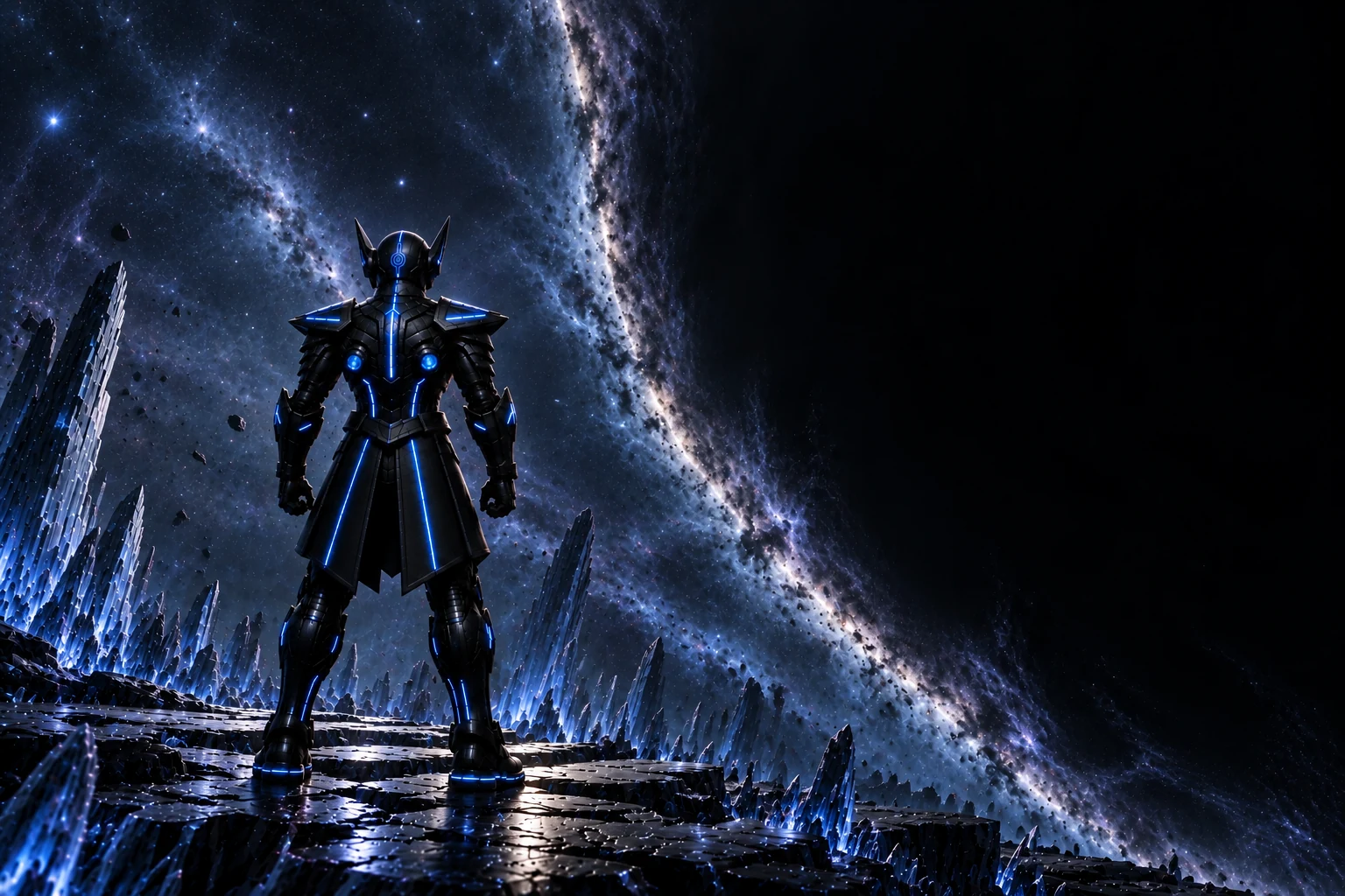 Zarx stands at the edge of the universe, the cosmos behind him and the void ahead